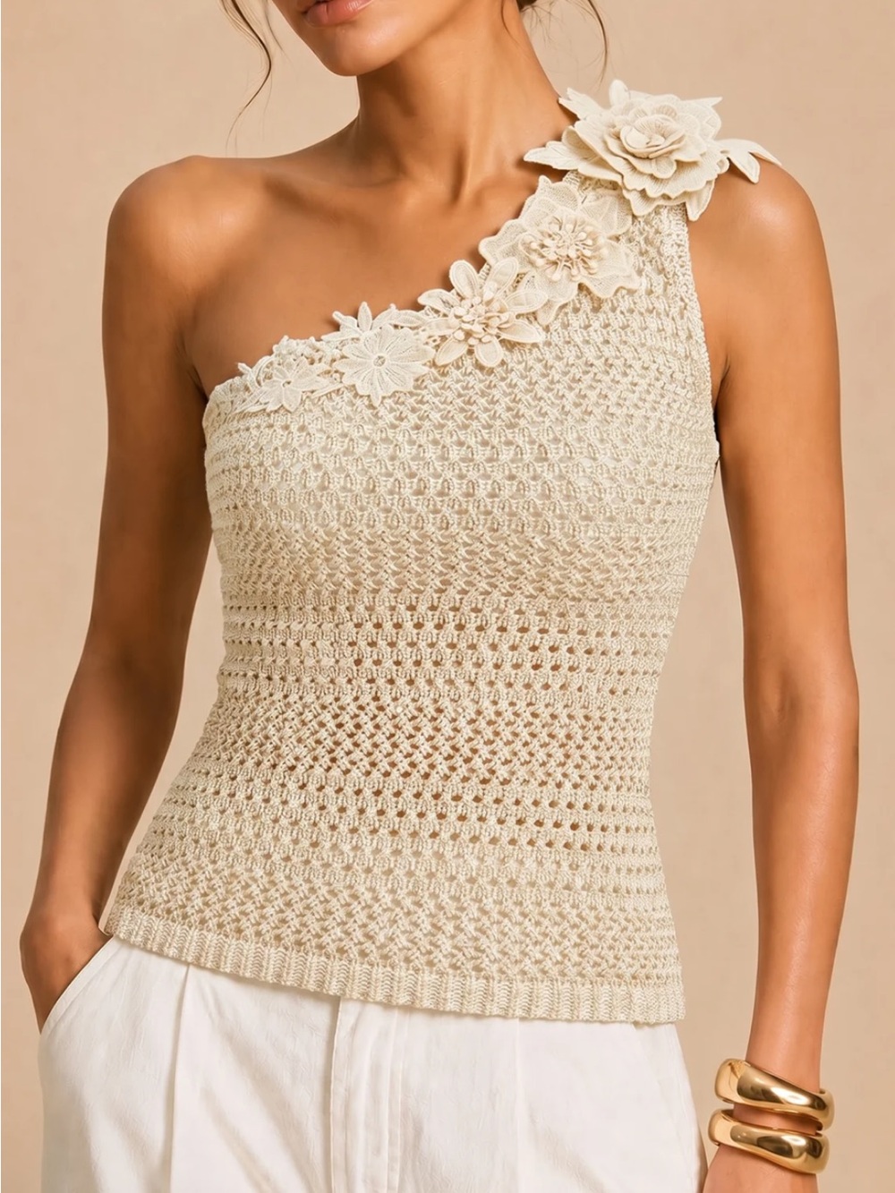 Commense One Shoulder 3D Flower Crochet Top  Size Medium NWT